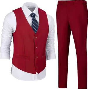 Men 2 Pieces Dress Suit Vest Pant Set Slim Fit Casual Suit Waistcoat
