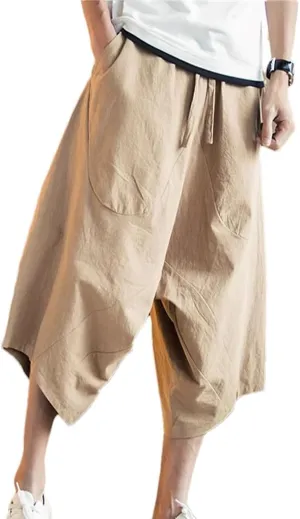 Men Harajuku Harem Pants Mens Summer Cotton Linen Joggers Pants Male Chinese Style Soild Color Calf-Lenght Trousers