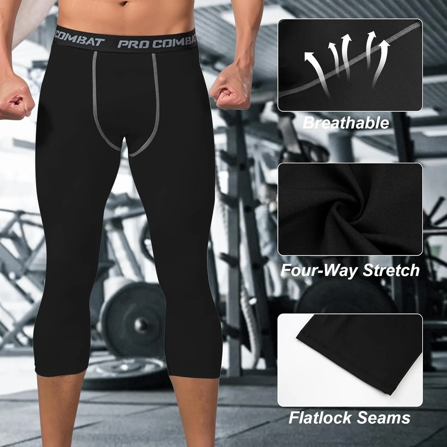 Mens 3/4 Compression Pants, Athletic Leggings Running Workout Tights Base Layer for Basketball Sports Football Gym