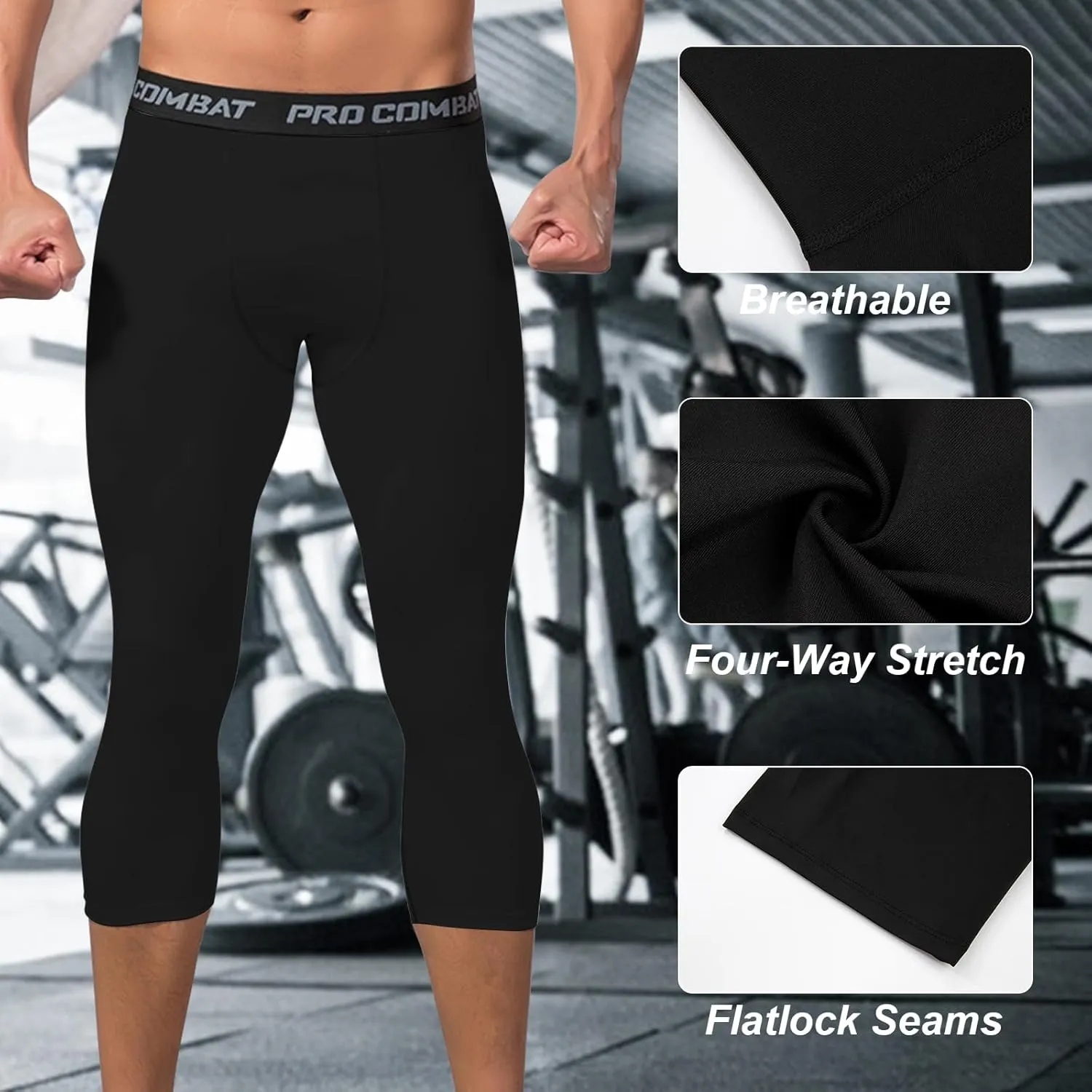 Mens 3/4 Compression Pants, Athletic Leggings Running Workout Tights Base Layer for Basketball Sports Football Gym