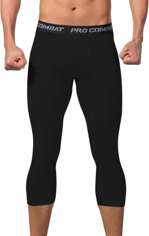 Mens 3/4 Compression Pants, Athletic Leggings Running Workout Tights Base Layer for Basketball Sports Football Gym