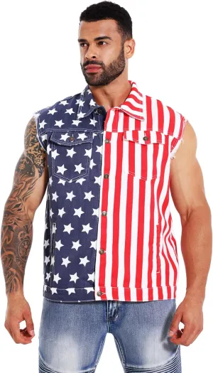 Men's American Flag Denim Vest Retro 4th of July Patriotic Sleeveless Jean Jacket Shirt Casual Loose Fit Lapel Vest
