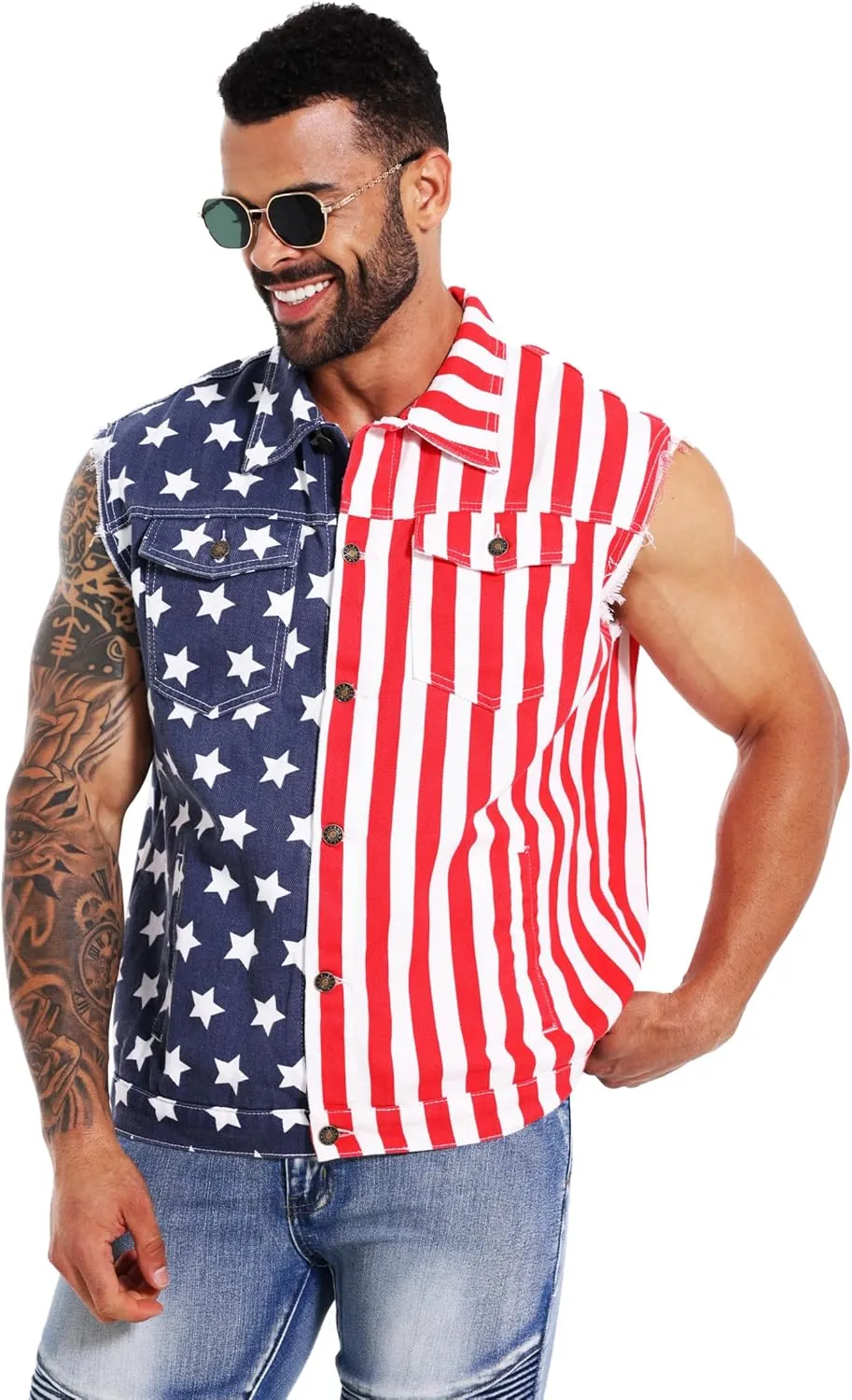 Men's American Flag Denim Vest Retro 4th of July Patriotic Sleeveless Jean Jacket Shirt Casual Loose Fit Lapel Vest