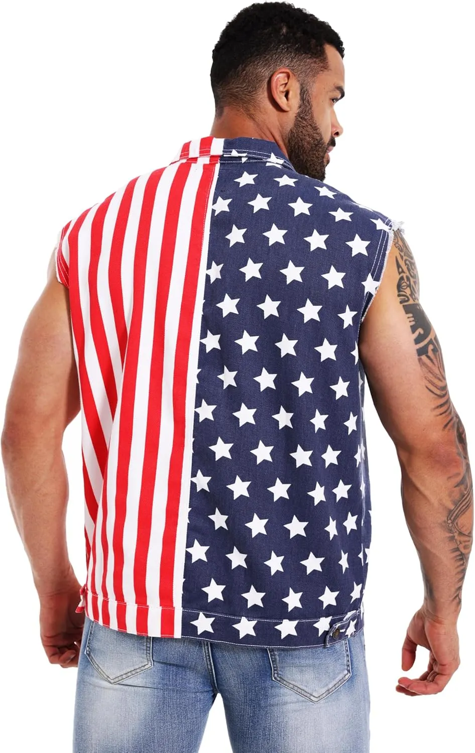 Men's American Flag Denim Vest Retro 4th of July Patriotic Sleeveless Jean Jacket Shirt Casual Loose Fit Lapel Vest