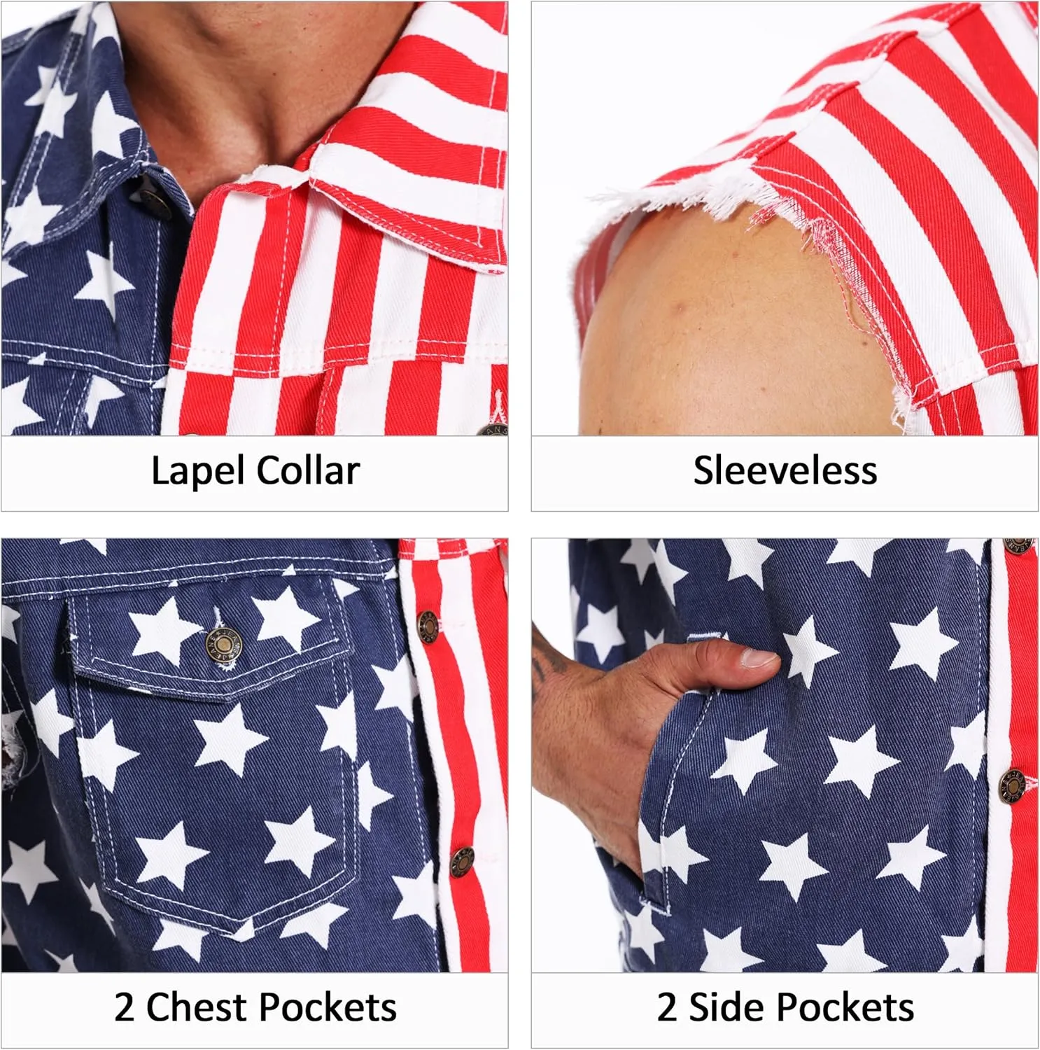 Men's American Flag Denim Vest Retro 4th of July Patriotic Sleeveless Jean Jacket Shirt Casual Loose Fit Lapel Vest