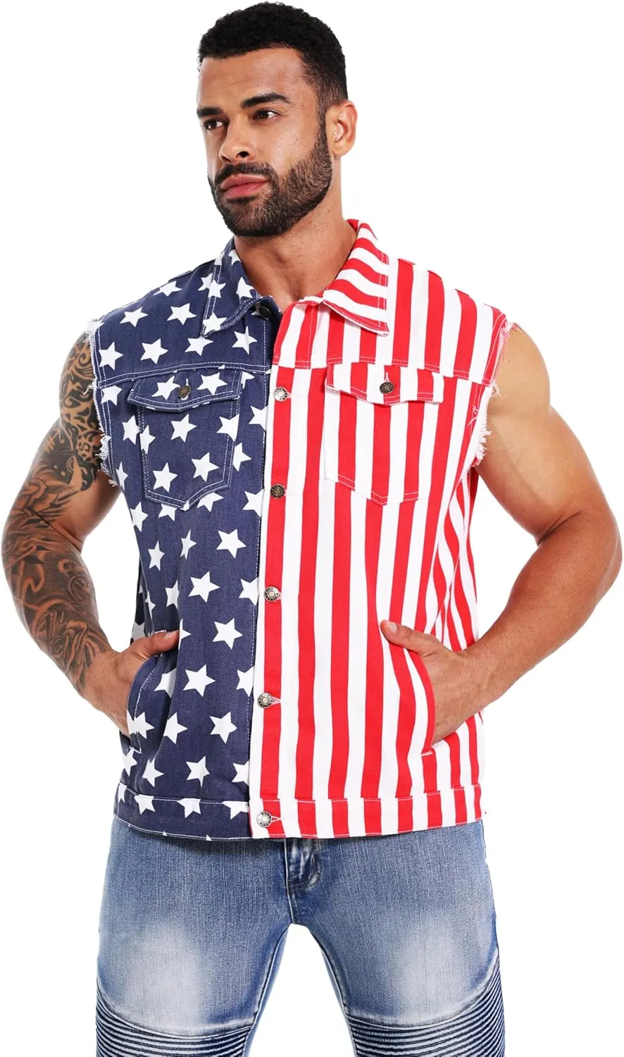 Men's American Flag Denim Vest Retro 4th of July Patriotic Sleeveless Jean Jacket Shirt Casual Loose Fit Lapel Vest
