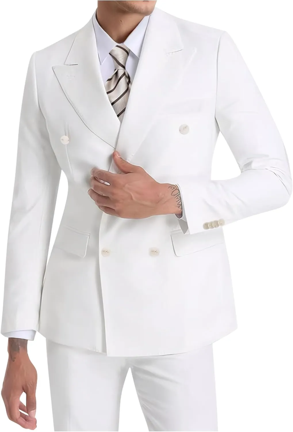 Mens Double Breasted Suit Slim Fit Solid Suit Jacket and Dress Pants 2 Piece Set Prom Wedding Suits for Men
