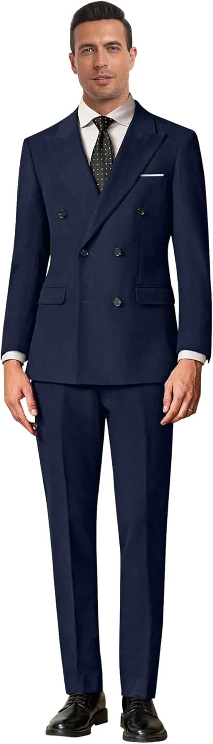 Mens Double Breasted Suit Slim Fit Solid Suit Jacket and Dress Pants 2 Piece Set Prom Wedding Suits for Men