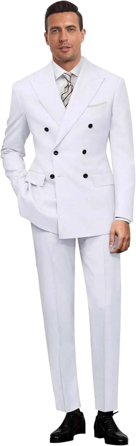 Mens Double Breasted Suit Slim Fit Solid Suit Jacket and Dress Pants 2 Piece Set Prom Wedding Suits for Men