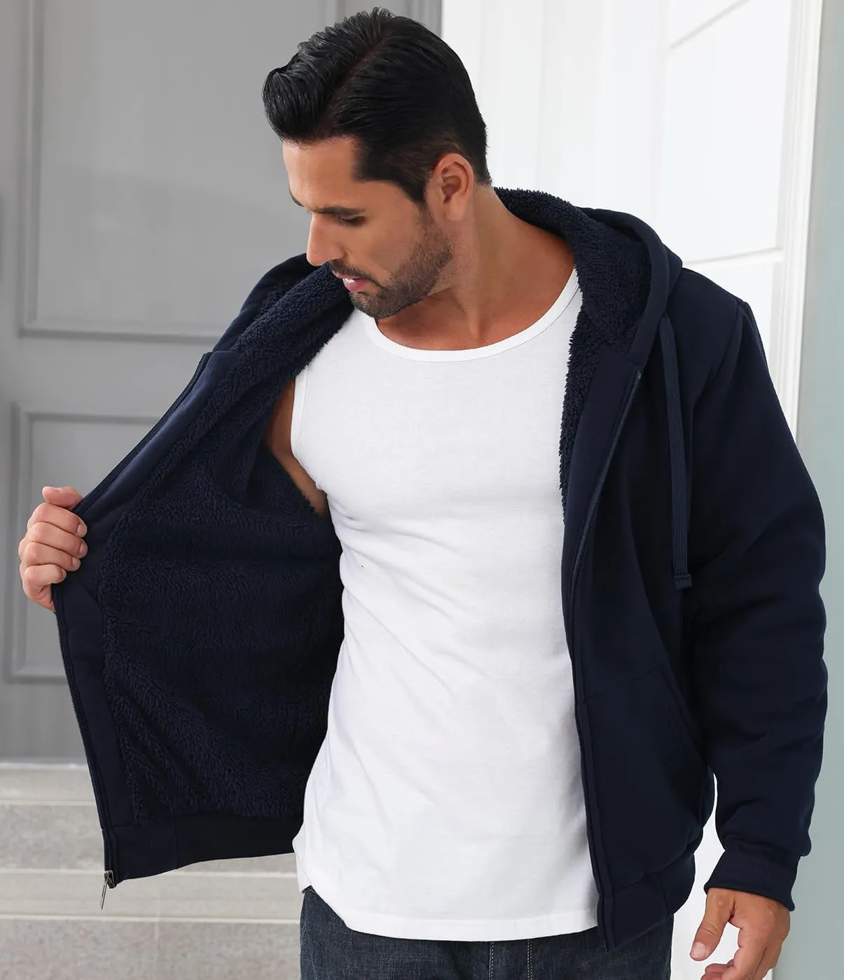 Men’s Full Zip Up Hoodies Sherpa Fleece Lined Hoodie Heavyweight Thick Flannel Jacket Heavy Duty Warm Winter Coat