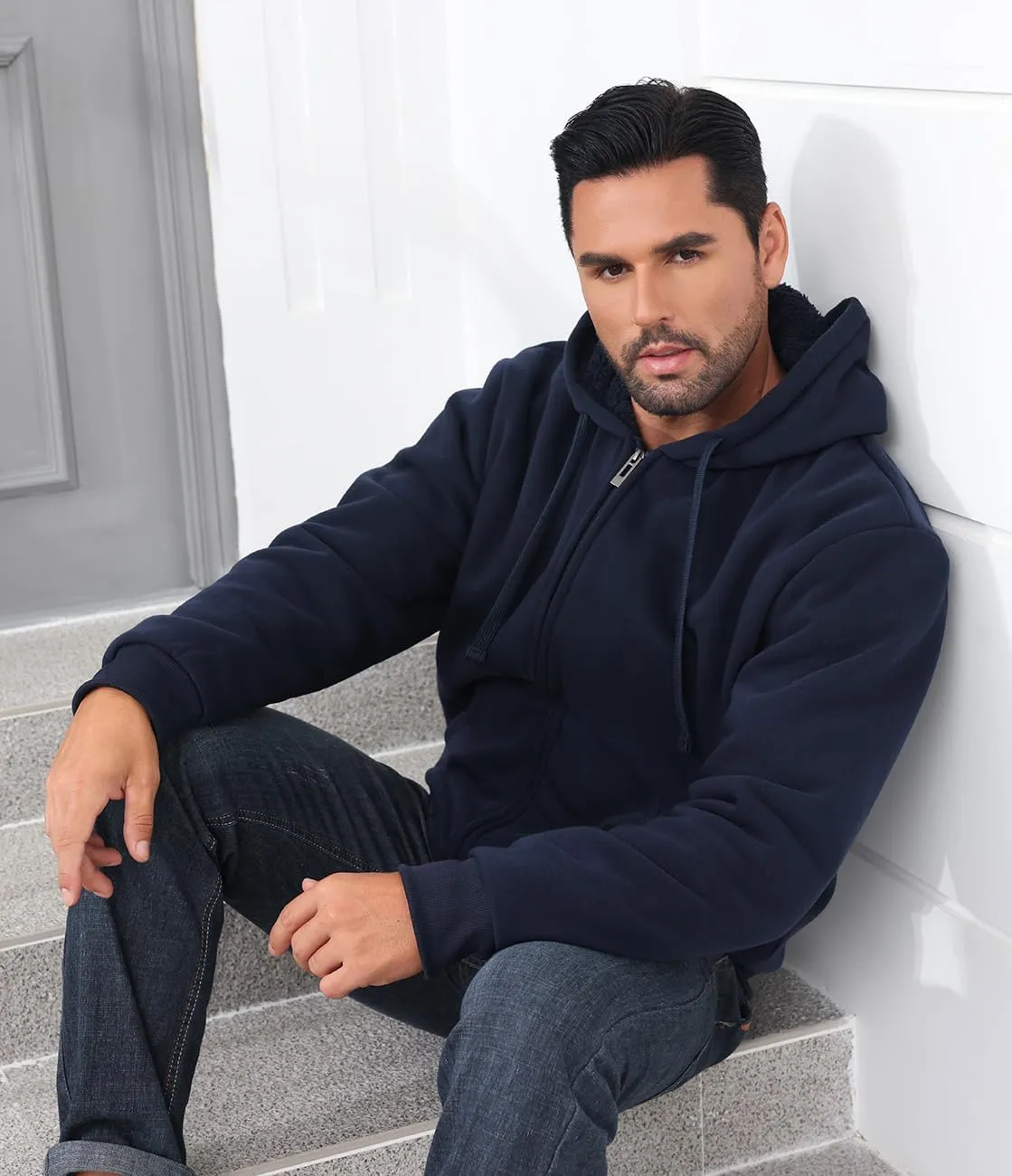 Men’s Full Zip Up Hoodies Sherpa Fleece Lined Hoodie Heavyweight Thick Flannel Jacket Heavy Duty Warm Winter Coat
