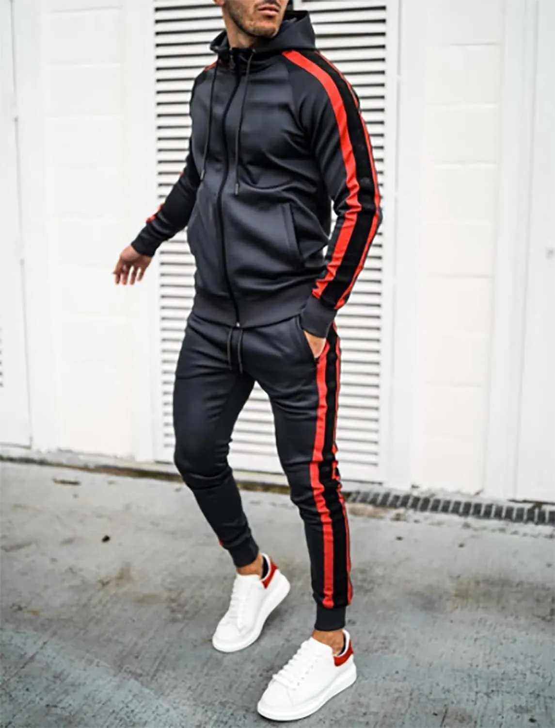 Men's Hooded Sportswear Suit long Sleeve Full Zipper Two-piece Suit Suitable for Running, Jogging, Sports Suit