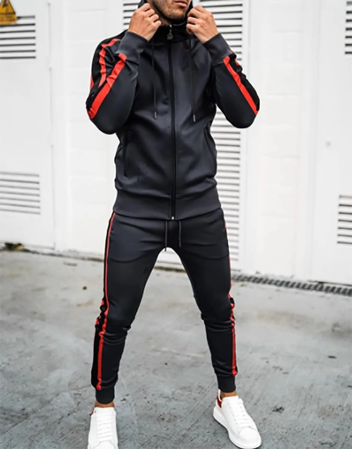 Men's Hooded Sportswear Suit long Sleeve Full Zipper Two-piece Suit Suitable for Running, Jogging, Sports Suit
