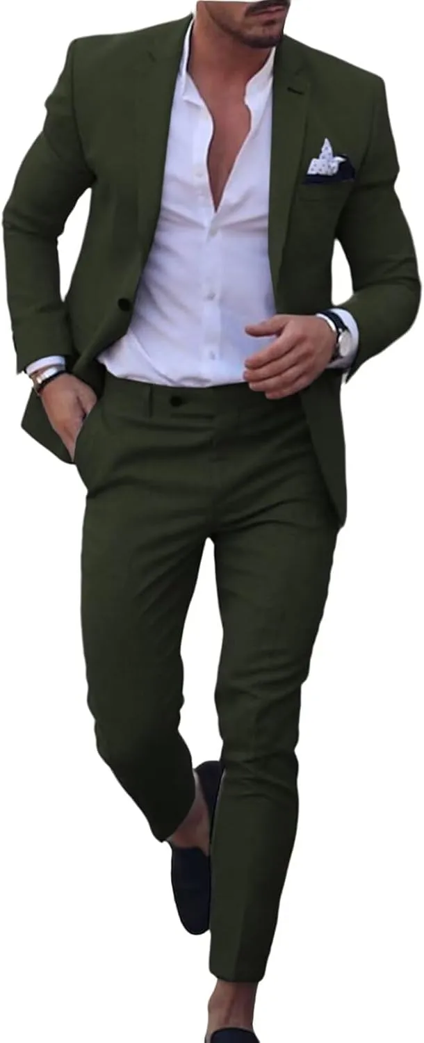 Men's Linen Suits 2 Piece Wedding Suit Vintage Summer Casual Tuxedo Suit Slim Fit Beach Groomsmen Blazer Jacket Pants Set