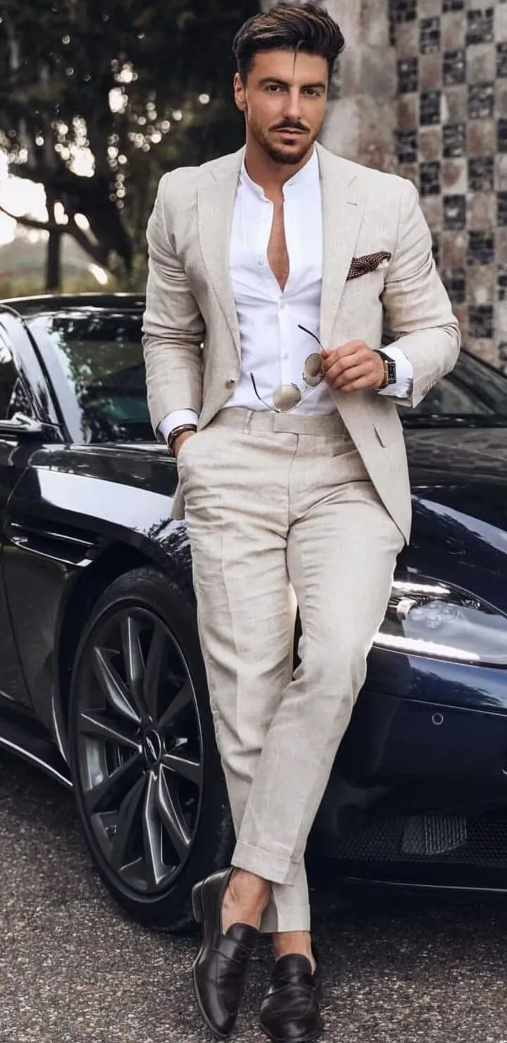 Men's Linen Suits 2 Piece Wedding Suit Vintage Summer Casual Tuxedo Suit Slim Fit Beach Groomsmen Blazer Jacket Pants Set
