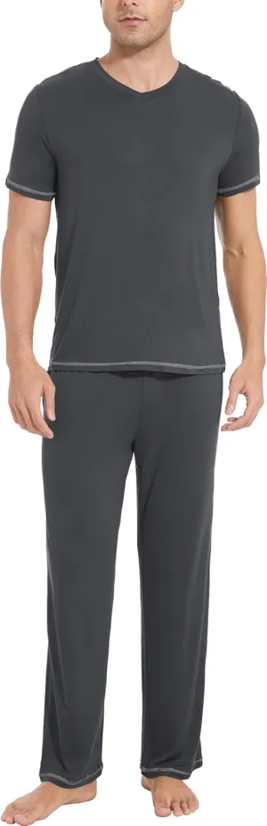 Men's Pajama Sets, Viscose Made from Bamboo, Short Sleeve T-Shirt and Lounge Pants 2 Piece Pajamas for Men
