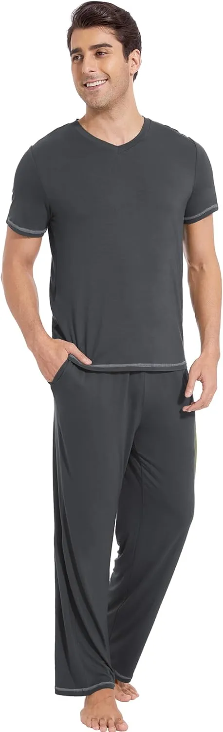 Men's Pajama Sets, Viscose Made from Bamboo, Short Sleeve T-Shirt and Lounge Pants 2 Piece Pajamas for Men