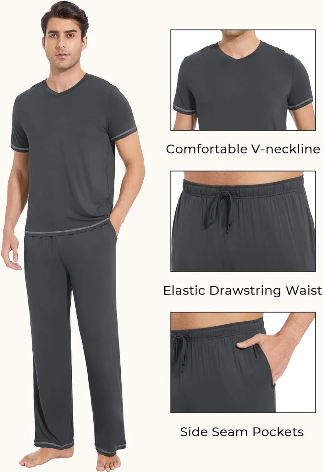 Men's Pajama Sets, Viscose Made from Bamboo, Short Sleeve T-Shirt and Lounge Pants 2 Piece Pajamas for Men