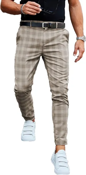 Mens Stretch Slim Fit Plaid Dress Pants with Pockets Checks Pattern Chino Trousers Fashion Casual Elasticity Button Pant (Khaki,Large)