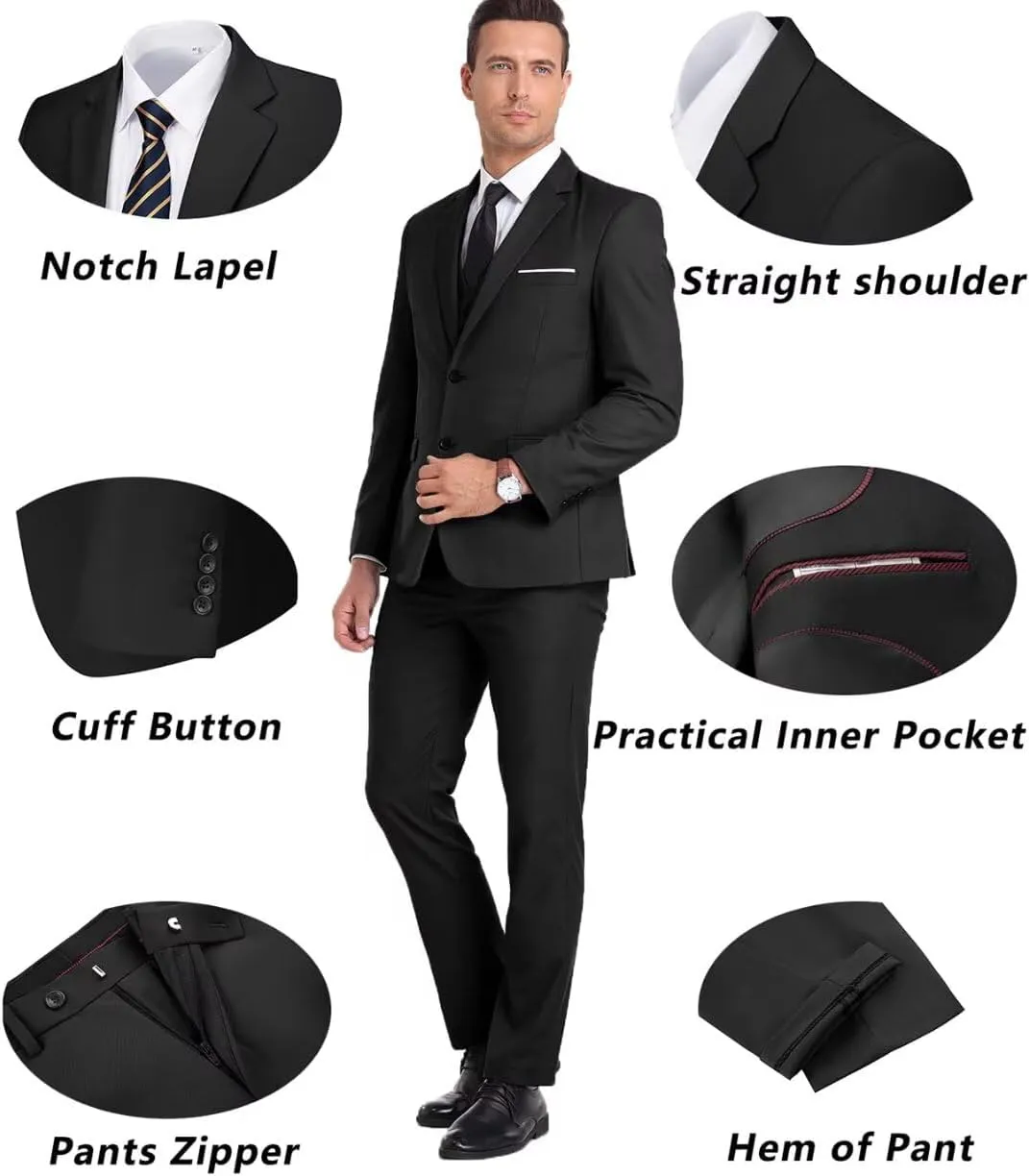 Men's Suit Slim Fit 3 Piece Wedding Dress Tux Suit Set Two Buttons Business Suits Blazer Jacket Vest Pants with Tie