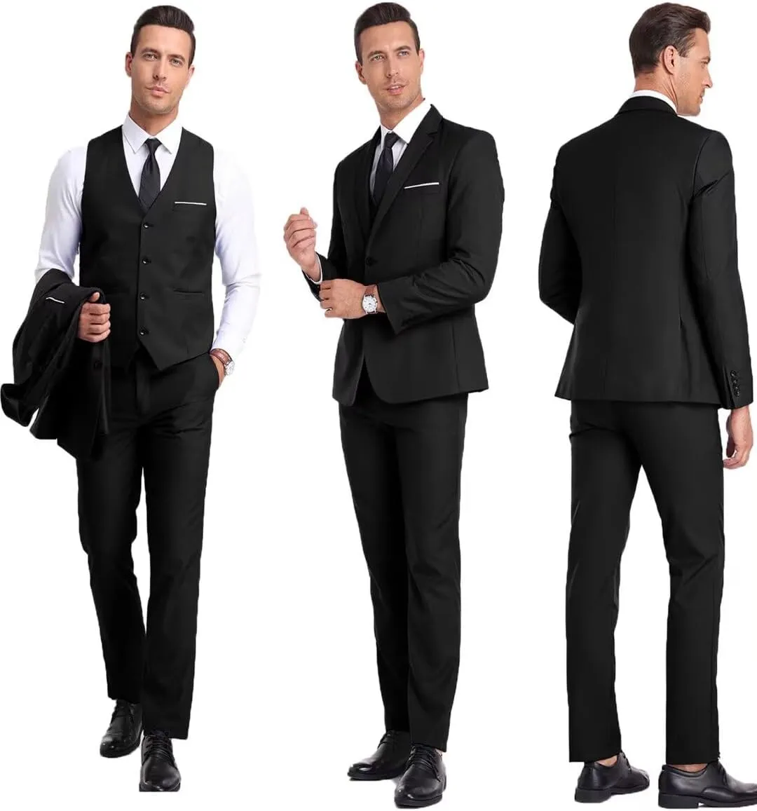 Men's Suit Slim Fit 3 Piece Wedding Dress Tux Suit Set Two Buttons Business Suits Blazer Jacket Vest Pants with Tie