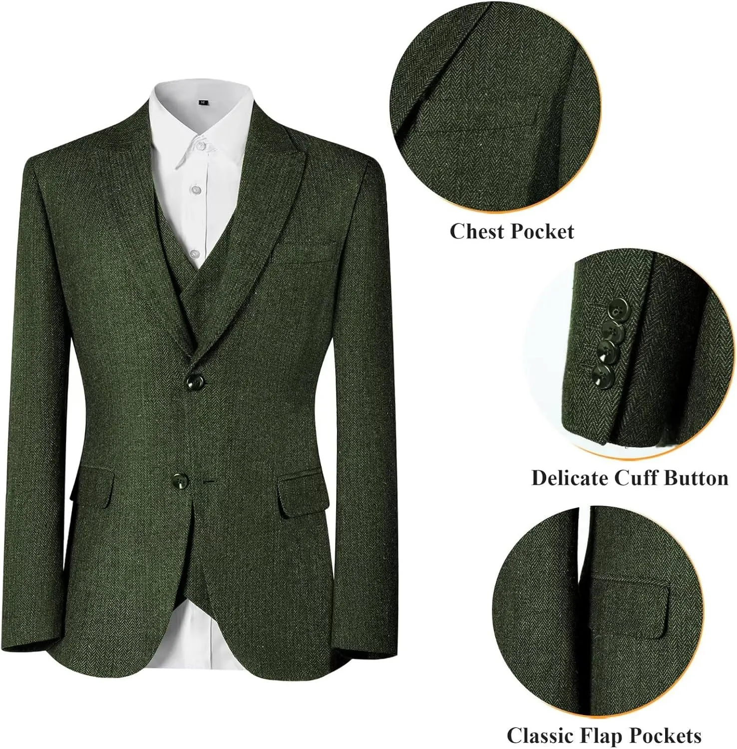 Men's Suits Herringbone Tweed Suits for Men Retro 3 Piece Peak Lapel Blazer Wedding Prom Suit Jacket Vest Pants Set