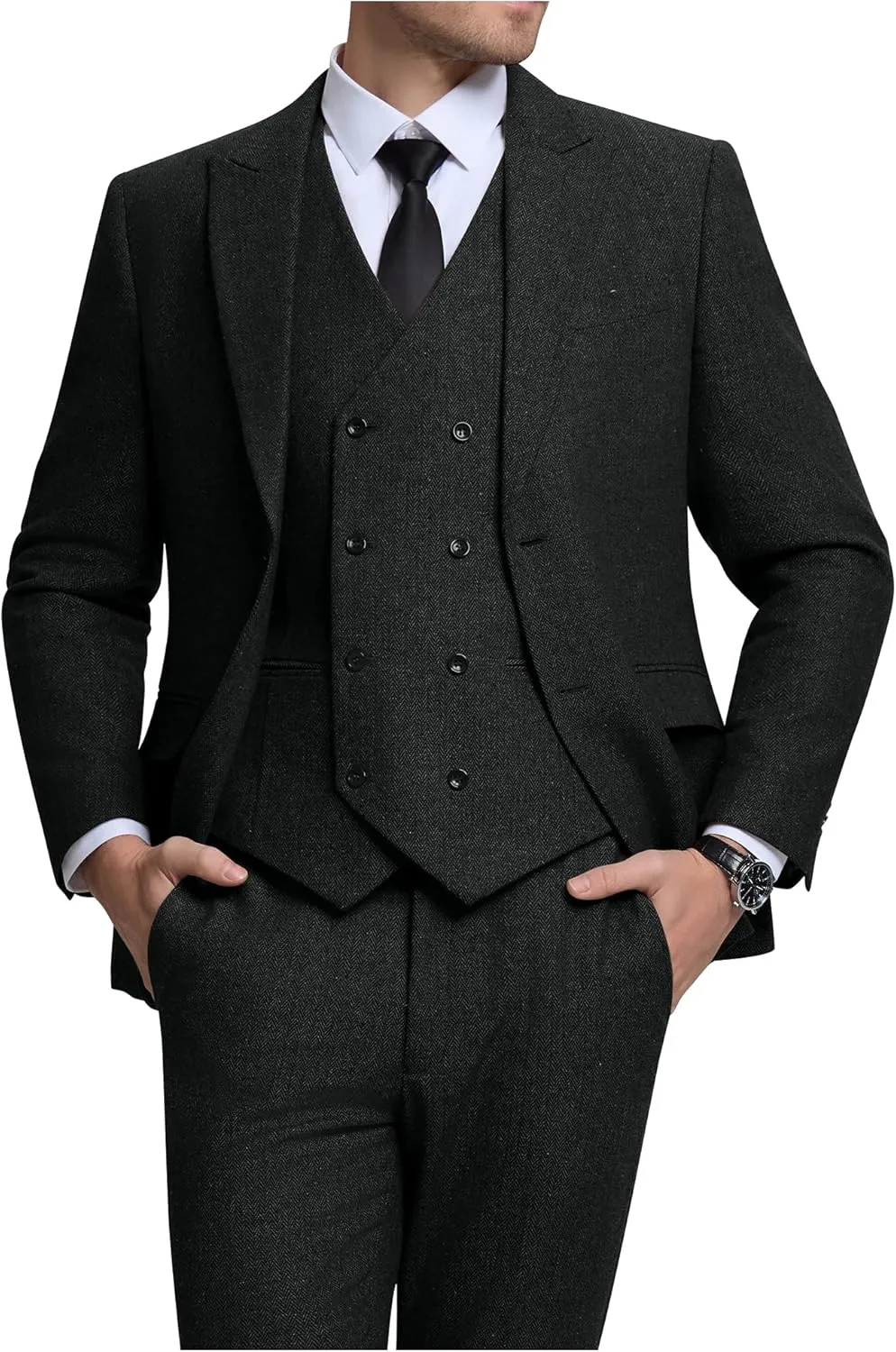 Men's Suits Herringbone Tweed Suits for Men Retro 3 Piece Peak Lapel Blazer Wedding Prom Suit Jacket Vest Pants Set