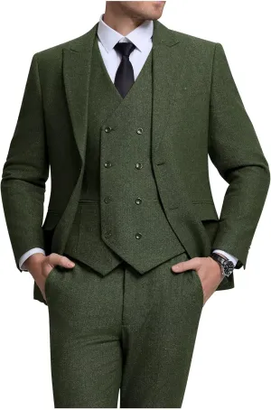 Men's Suits Herringbone Tweed Suits for Men Retro 3 Piece Peak Lapel Blazer Wedding Prom Suit Jacket Vest Pants Set