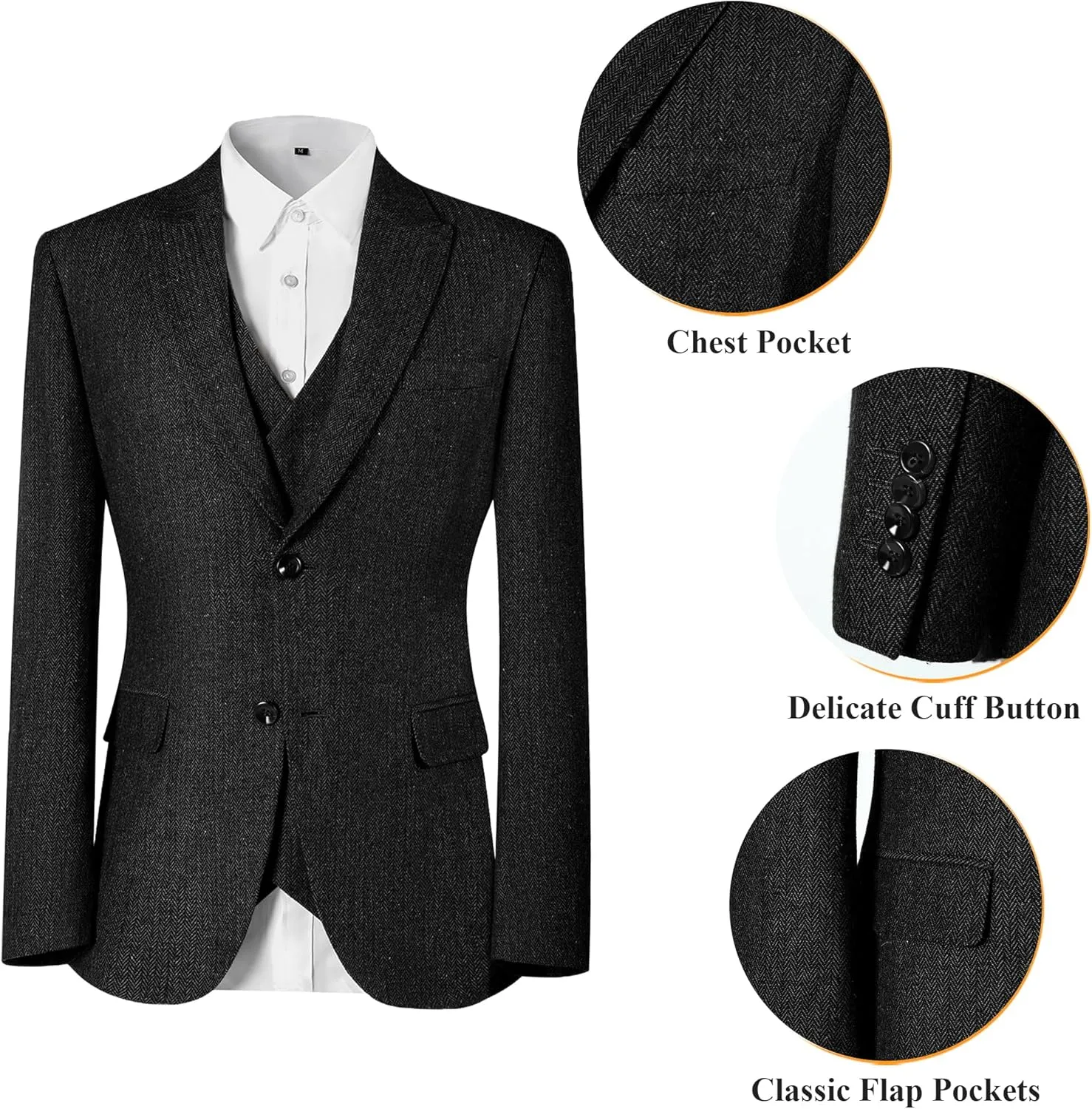 Men's Suits Herringbone Tweed Suits for Men Retro 3 Piece Peak Lapel Blazer Wedding Prom Suit Jacket Vest Pants Set