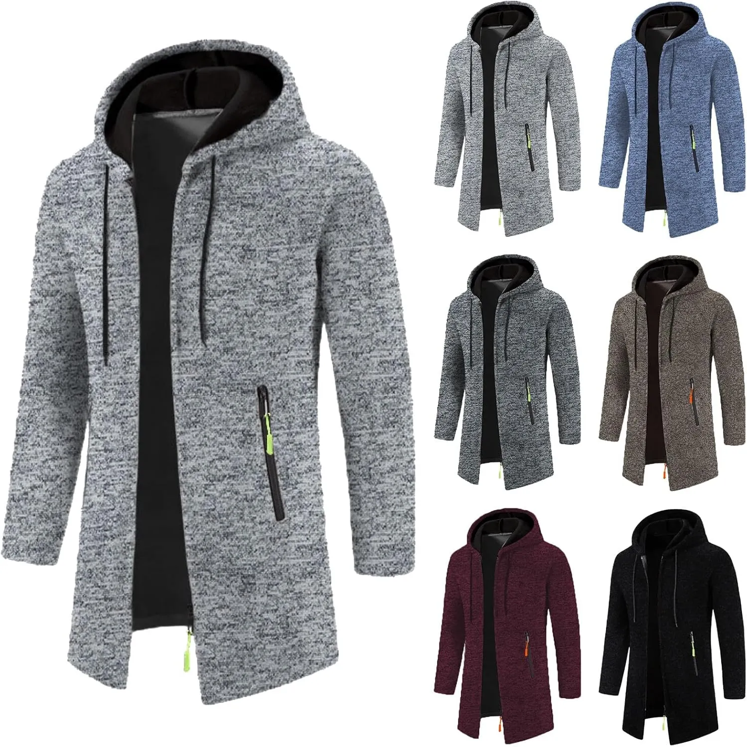 Mens Trench Coat Hoodie Mens Fall Winter Long Open Front Cardigan Sweater Jacket Full Zip Classic Business Overcoat