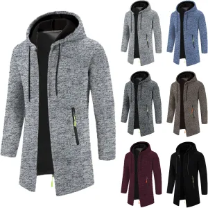 Mens Trench Coat Hoodie Mens Fall Winter Long Open Front Cardigan Sweater Jacket Full Zip Classic Business Overcoat