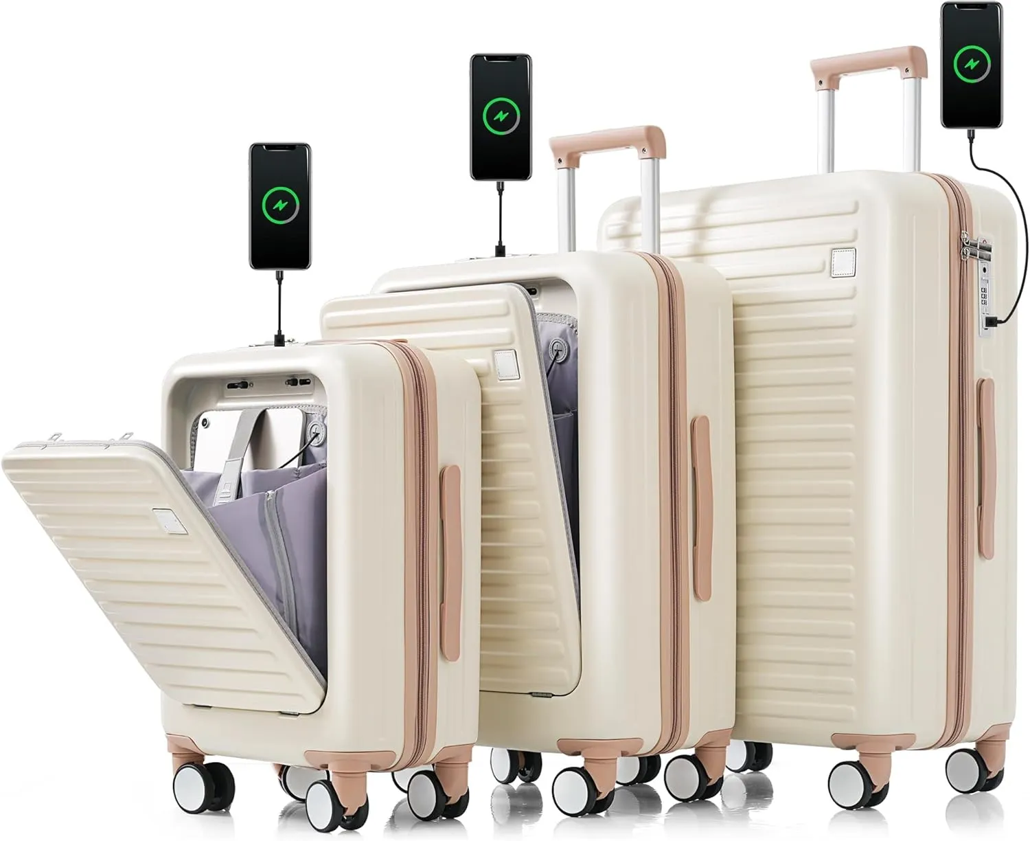 Merax 3 Piece Luggage Set with USB Port, 20&24inch with front opening design Airline Certified Carry on Luggage with Cup Holder,ABS Hard Shell Luggage(Ivory and Golden, 20 24 28IN)