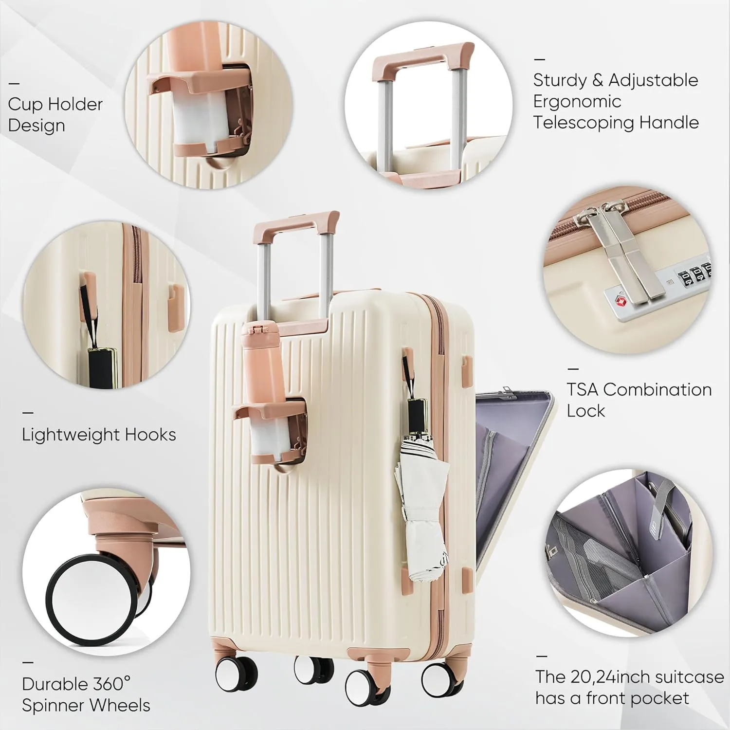 Merax 3 Piece Luggage Set with USB Port, 20&24inch with front opening design Airline Certified Carry on Luggage with Cup Holder,ABS Hard Shell Luggage(Ivory and Golden, 20 24 28IN)