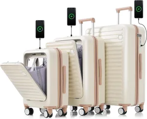 Merax 3 Piece Luggage Set with USB Port, 20&24inch with front opening design Airline Certified Carry on Luggage with Cup Holder,ABS Hard Shell Luggage(Ivory and Golden, 20 24 28IN)