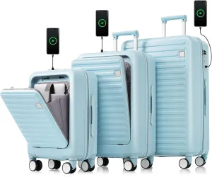 Merax 3 Piece Luggage Set with USB Port Hardshell Luggage Carry On Luggage Set with Cup Holder Suitcase Spinner Hardshell Lightweight Durable Travel Suitcase Set (Light Blue, 20 24 28IN)