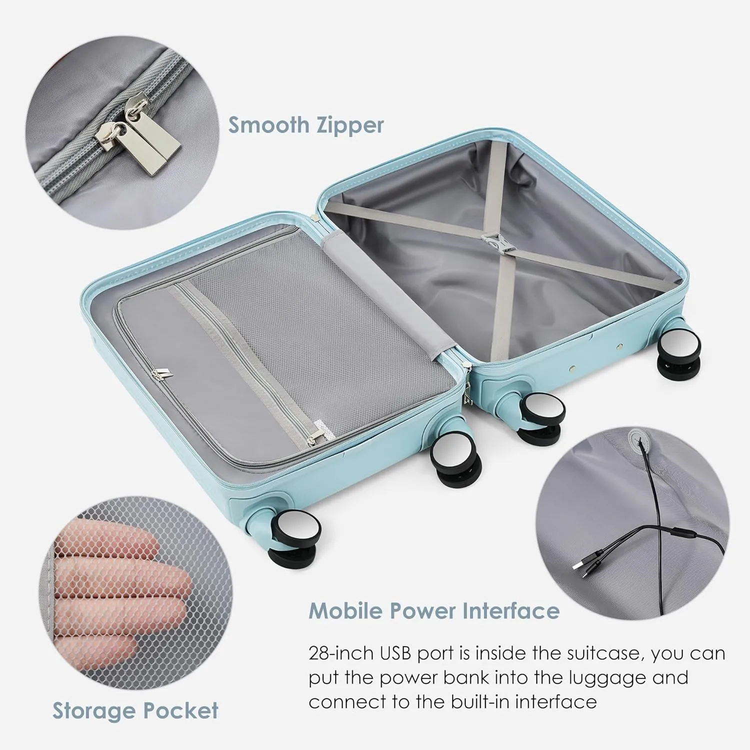 Merax 3 Piece Luggage Set with USB Port Hardshell Luggage Carry On Luggage Set with Cup Holder Suitcase Spinner Hardshell Lightweight Durable Travel Suitcase Set (Light Blue, 20 24 28IN)