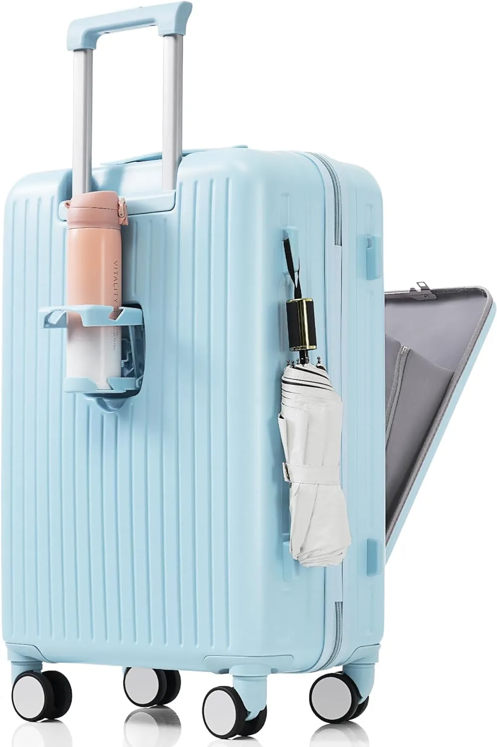 Merax 3 Piece Luggage Set with USB Port Hardshell Luggage Carry On Luggage Set with Cup Holder Suitcase Spinner Hardshell Lightweight Durable Travel Suitcase Set (Light Blue, 20 24 28IN)