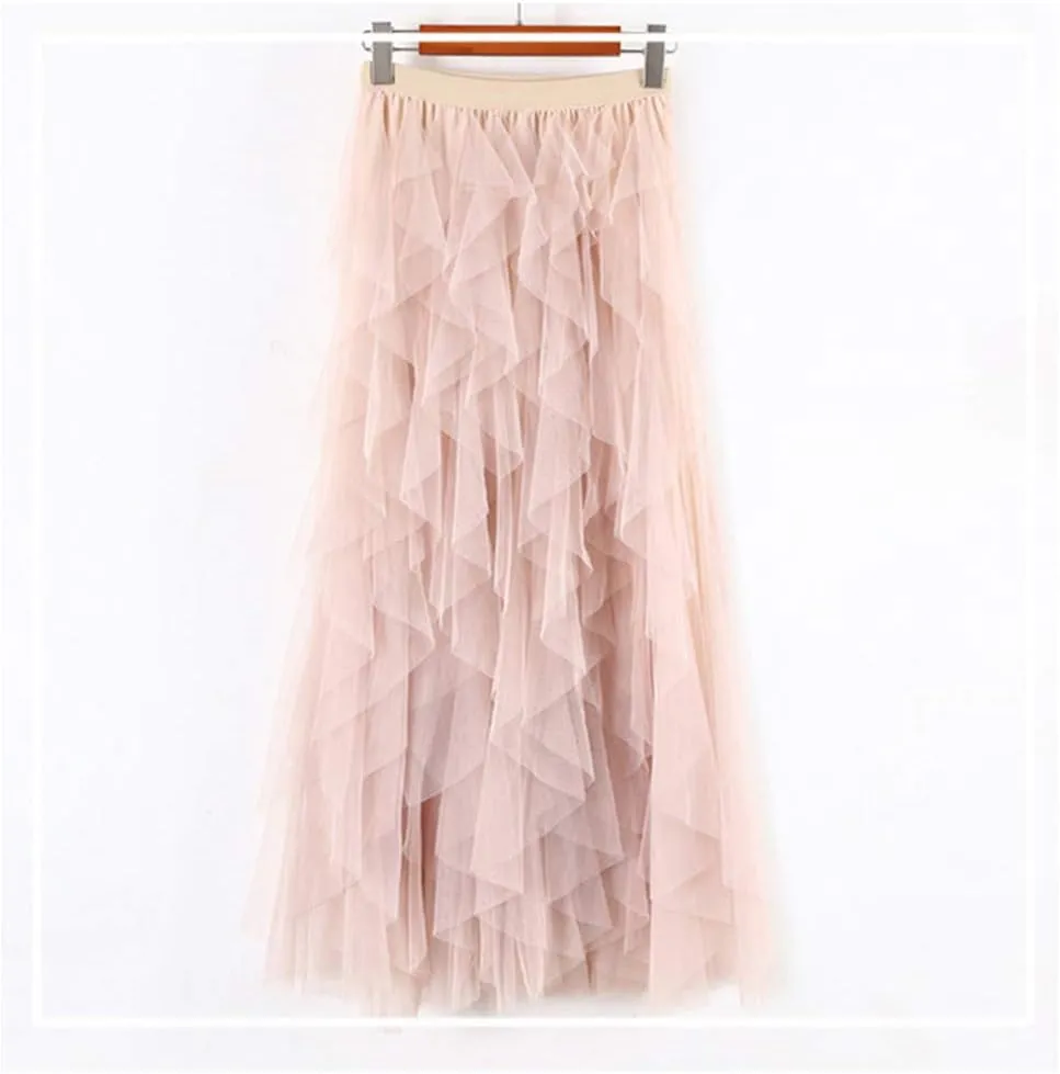 Mesh Tulle Skirts for Women Prom High Waist Pleated Tiered Big Hem Ruffled A-Line Solid Color Midi (Beige, One Size)