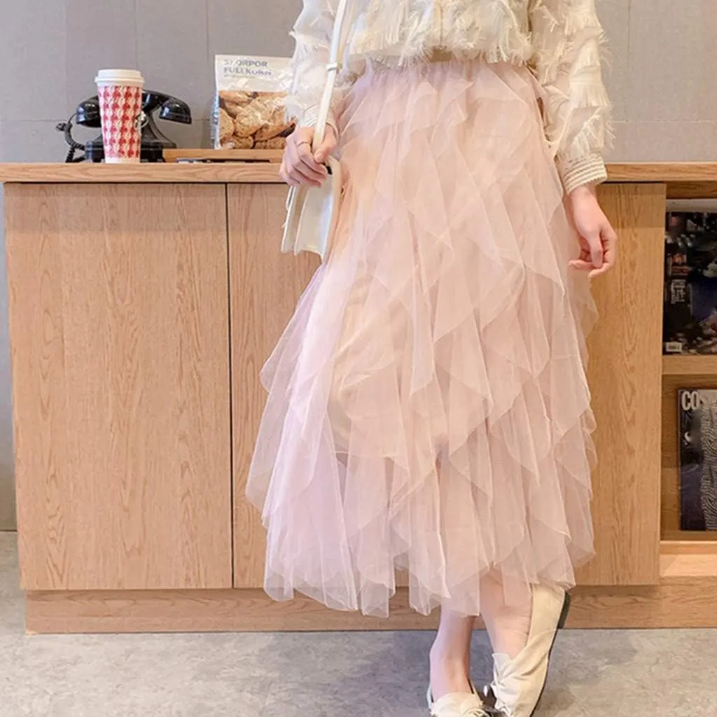 Mesh Tulle Skirts for Women Prom High Waist Pleated Tiered Big Hem Ruffled A-Line Solid Color Midi (Beige, One Size)