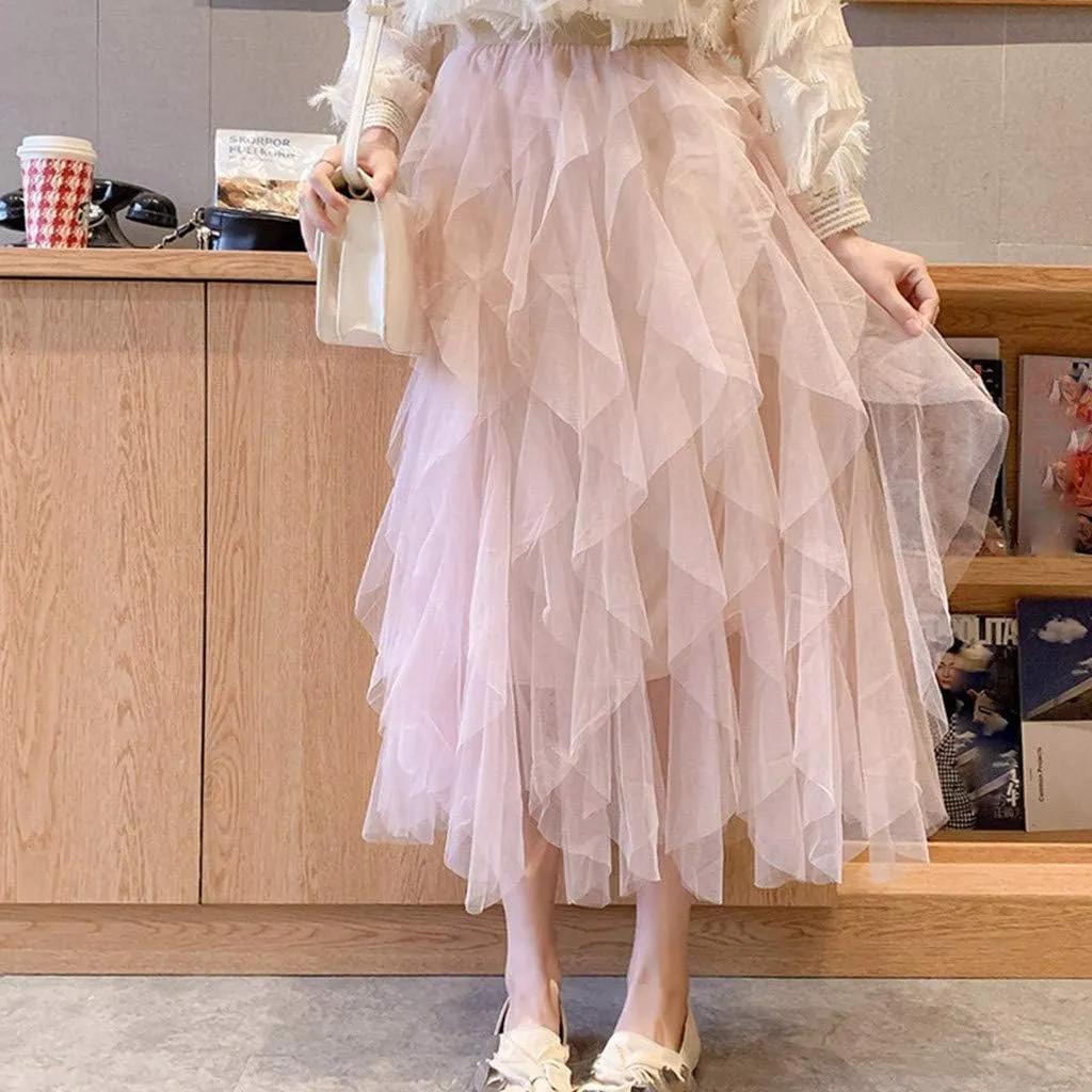Mesh Tulle Skirts for Women Prom High Waist Pleated Tiered Big Hem Ruffled A-Line Solid Color Midi (Beige, One Size)
