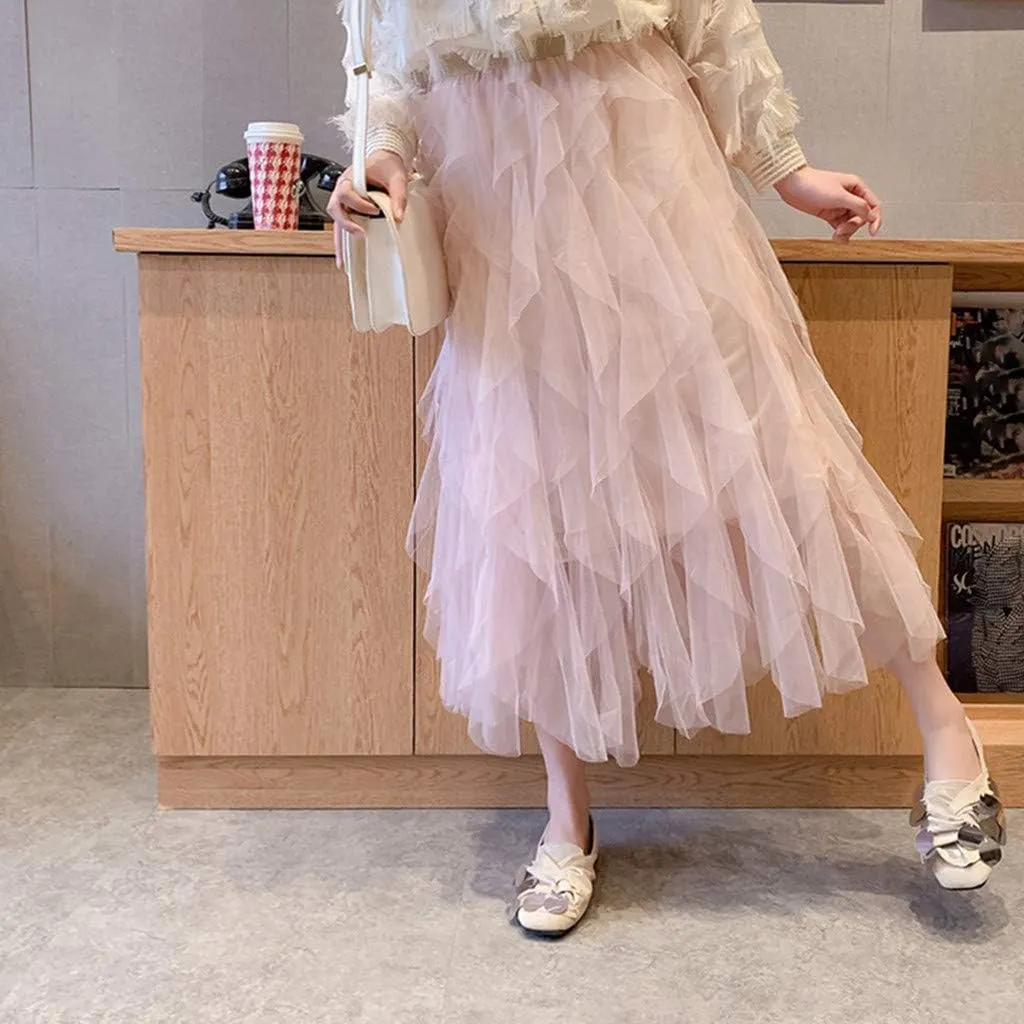 Mesh Tulle Skirts for Women Prom High Waist Pleated Tiered Big Hem Ruffled A-Line Solid Color Midi (Beige, One Size)