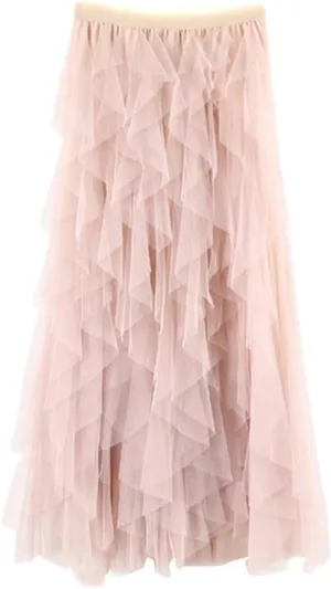 Mesh Tulle Skirts for Women Prom High Waist Pleated Tiered Big Hem Ruffled A-Line Solid Color Midi (Beige, One Size)