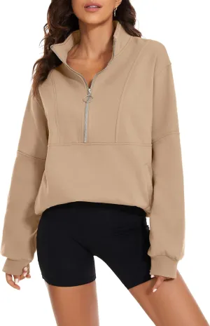 MISSACTIVER Womens Oversized Half Zip Sweatshirt Quarter 1/4 Zipper Long Sleeve Drop Shoulder Pocket Pullover Jacket Tops