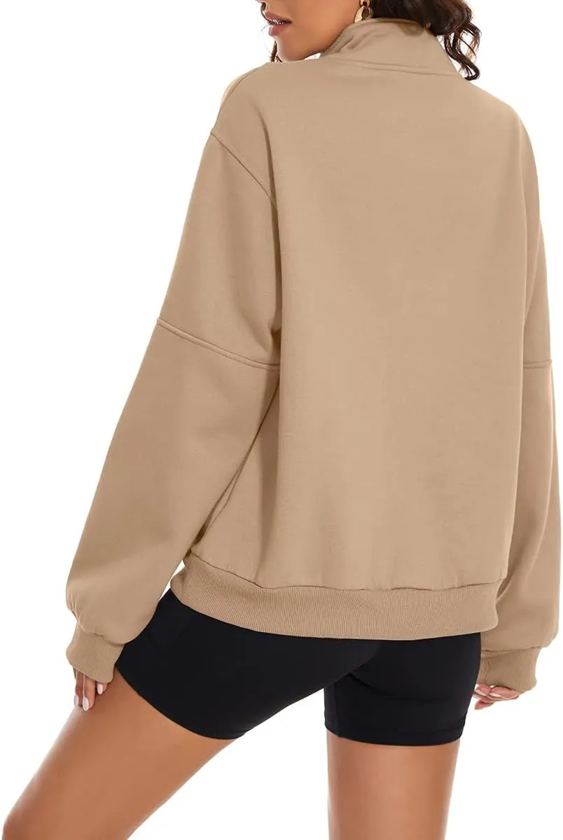 MISSACTIVER Womens Oversized Half Zip Sweatshirt Quarter 1/4 Zipper Long Sleeve Drop Shoulder Pocket Pullover Jacket Tops