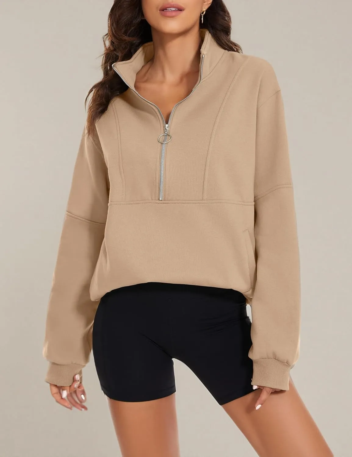 MISSACTIVER Womens Oversized Half Zip Sweatshirt Quarter 1/4 Zipper Long Sleeve Drop Shoulder Pocket Pullover Jacket Tops