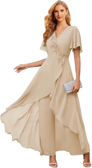 Mother of The Bride Pant Suits for Wedding 2Pcs Chiffon Lace Appliques Short Sleeve Pant Suits for Women Dressy