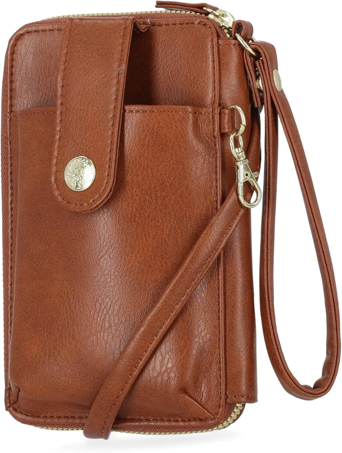 Mundi Jacqui RFID Crossbody Wallet for Women, Vegan Leather Small Travel Handbag with Phone Holder, Compact Organizer with Card Slots and Adjustable Strap, Vacation Purse in Brown Sugar