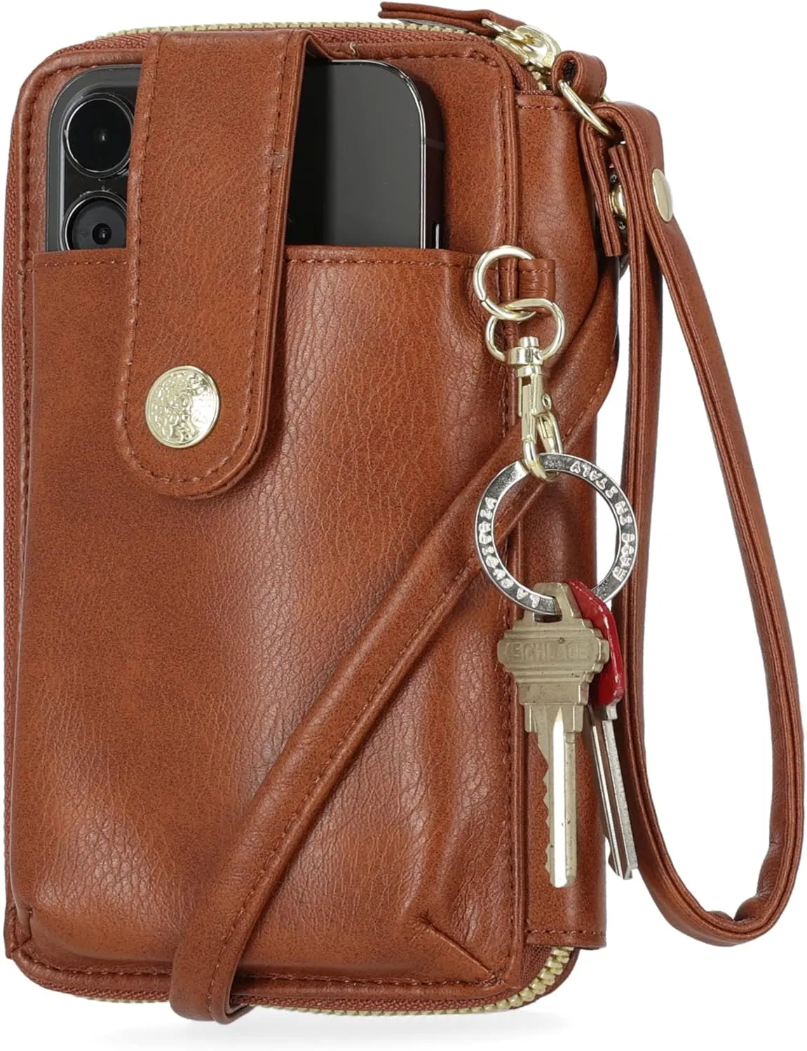 Mundi Jacqui RFID Crossbody Wallet for Women, Vegan Leather Small Travel Handbag with Phone Holder, Compact Organizer with Card Slots and Adjustable Strap, Vacation Purse in Brown Sugar