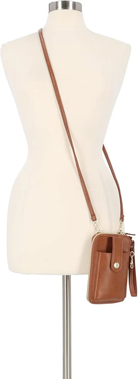 Mundi Jacqui RFID Crossbody Wallet for Women, Vegan Leather Small Travel Handbag with Phone Holder, Compact Organizer with Card Slots and Adjustable Strap, Vacation Purse in Brown Sugar