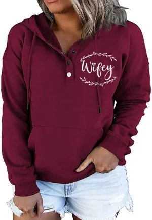 MUZHI Womens MOM Mode Hoodies Sweatshirts Casual Long Sleeve Half Button Down Pullover Drawstring Loose Tops with Pockets